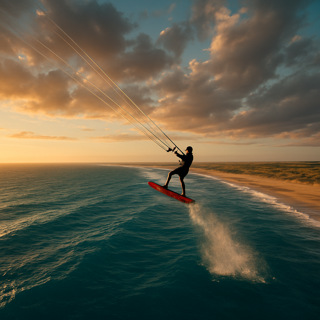 Kitesurfista sobrevolando el océano argentino